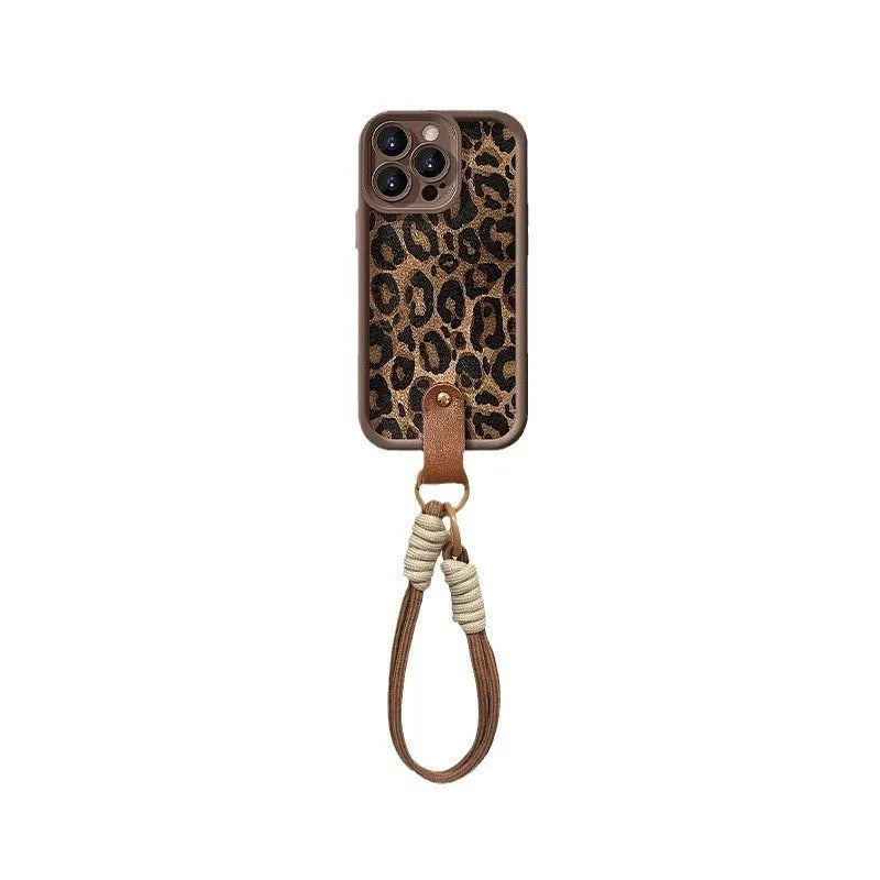 Brown leopard print silicone iPhone case with lanyard attachment for iPhone 11-16 Pro Max models