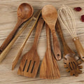 7-piece wooden cooking utensil set with anti-scald handles for non-stick pans