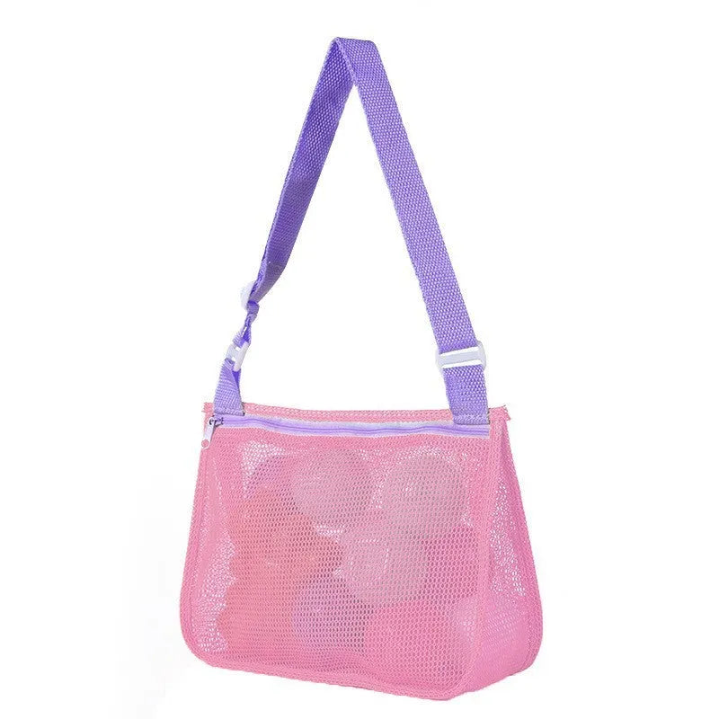 Blue nylon mesh travel storage bag with zip closure for children's toys and clothes