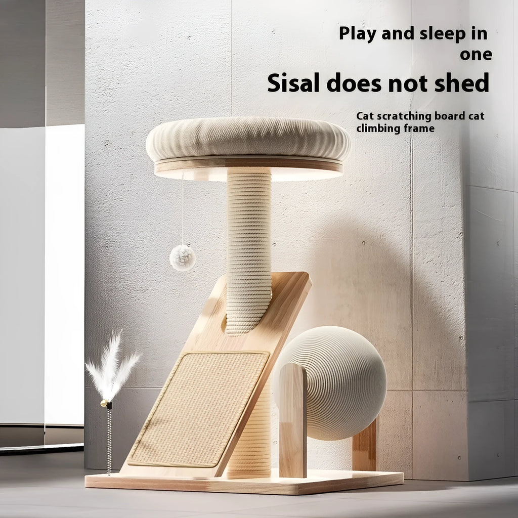 Compact cat climbing frame with sisal scratching surfaces and multiple platforms in jute colour