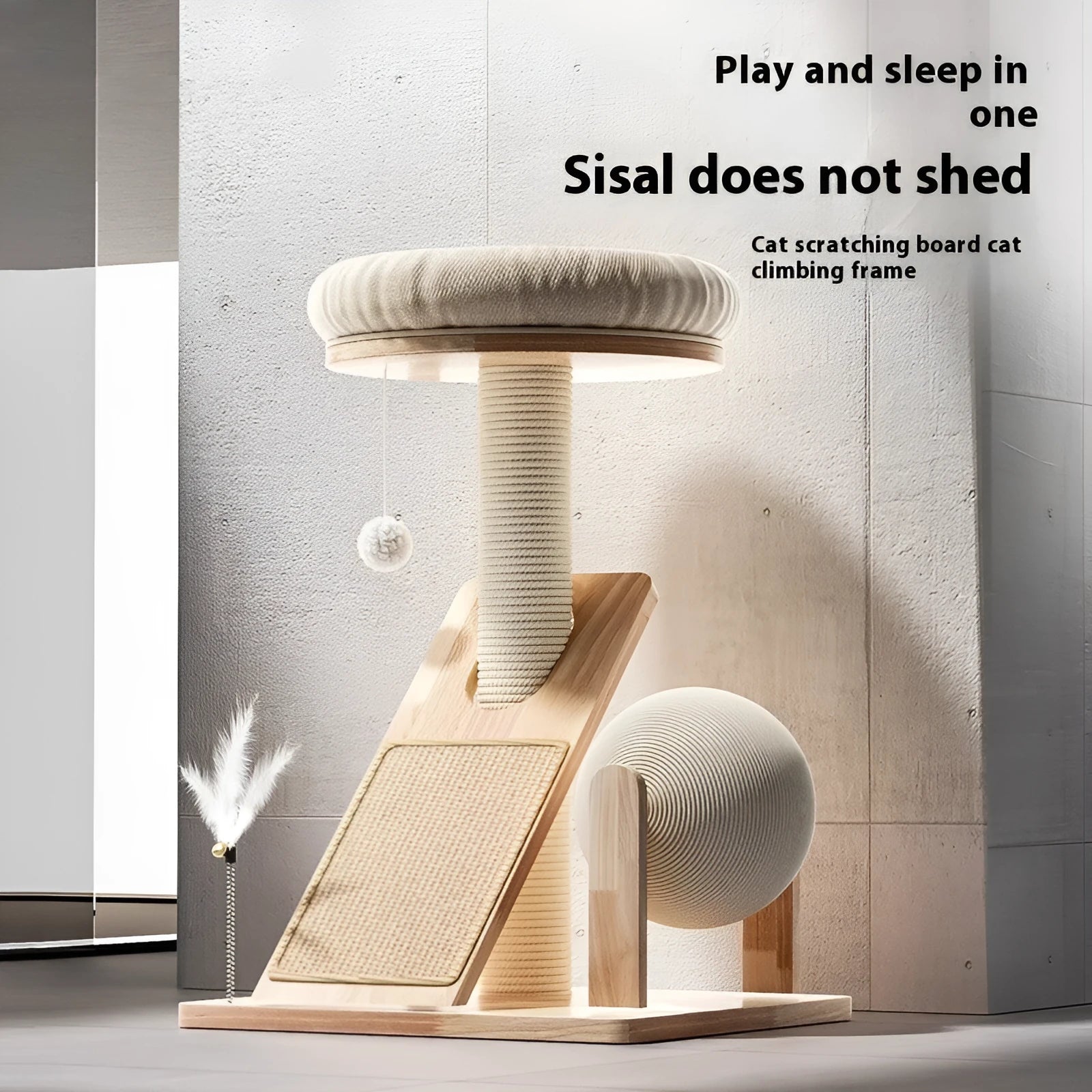Compact cat climbing frame with sisal scratching surfaces and multiple platforms in jute colour