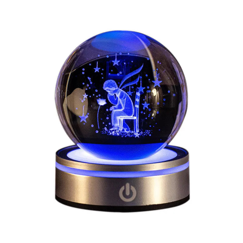 3D inner carving luminous crystal ball night lamp, 8cm white crystal, USB touch base