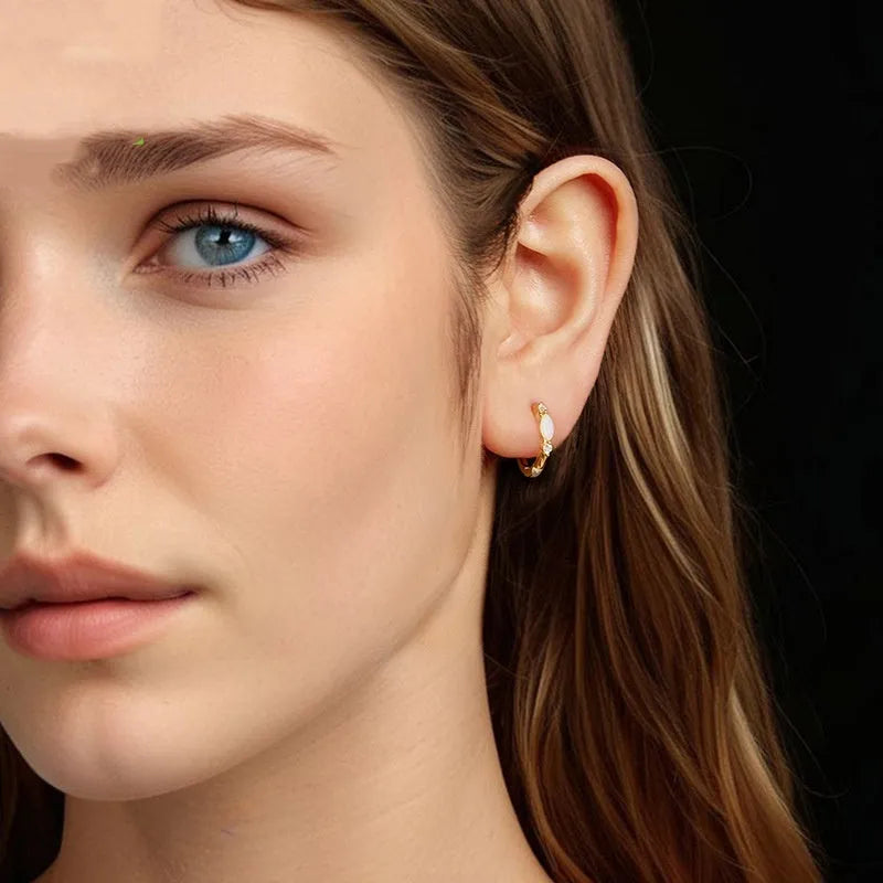 Moissanite simple opal ear ring clip in S925 sterling silver with gold finish, featuring moissanite and opal stones on a smooth clip-on setting