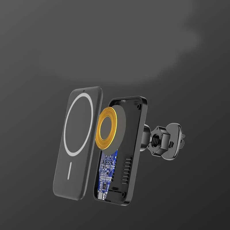Black car magnetic wireless charger bracket mounted on car air vent with phone attached