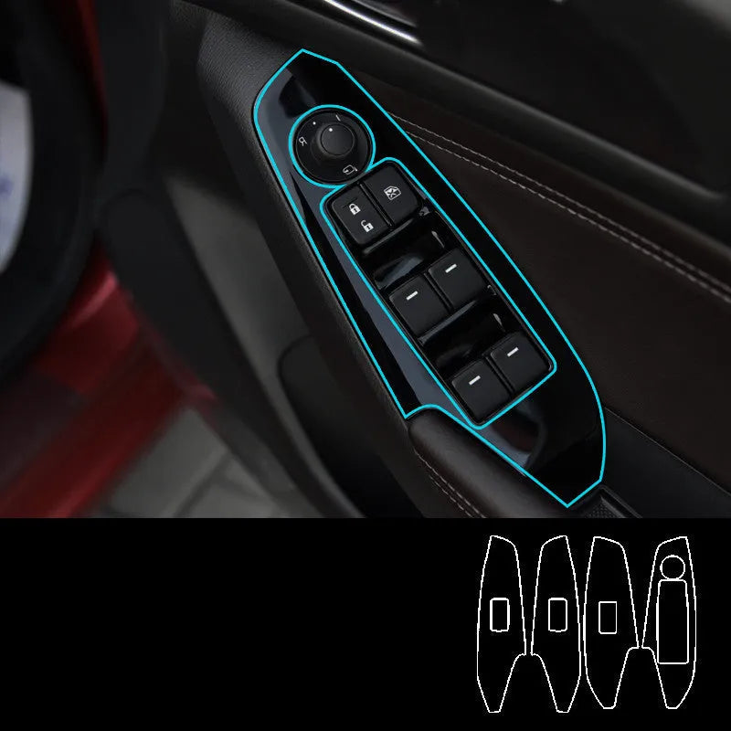 Set of four TPU protective films for 14-19 car door control panels in various finishes.
