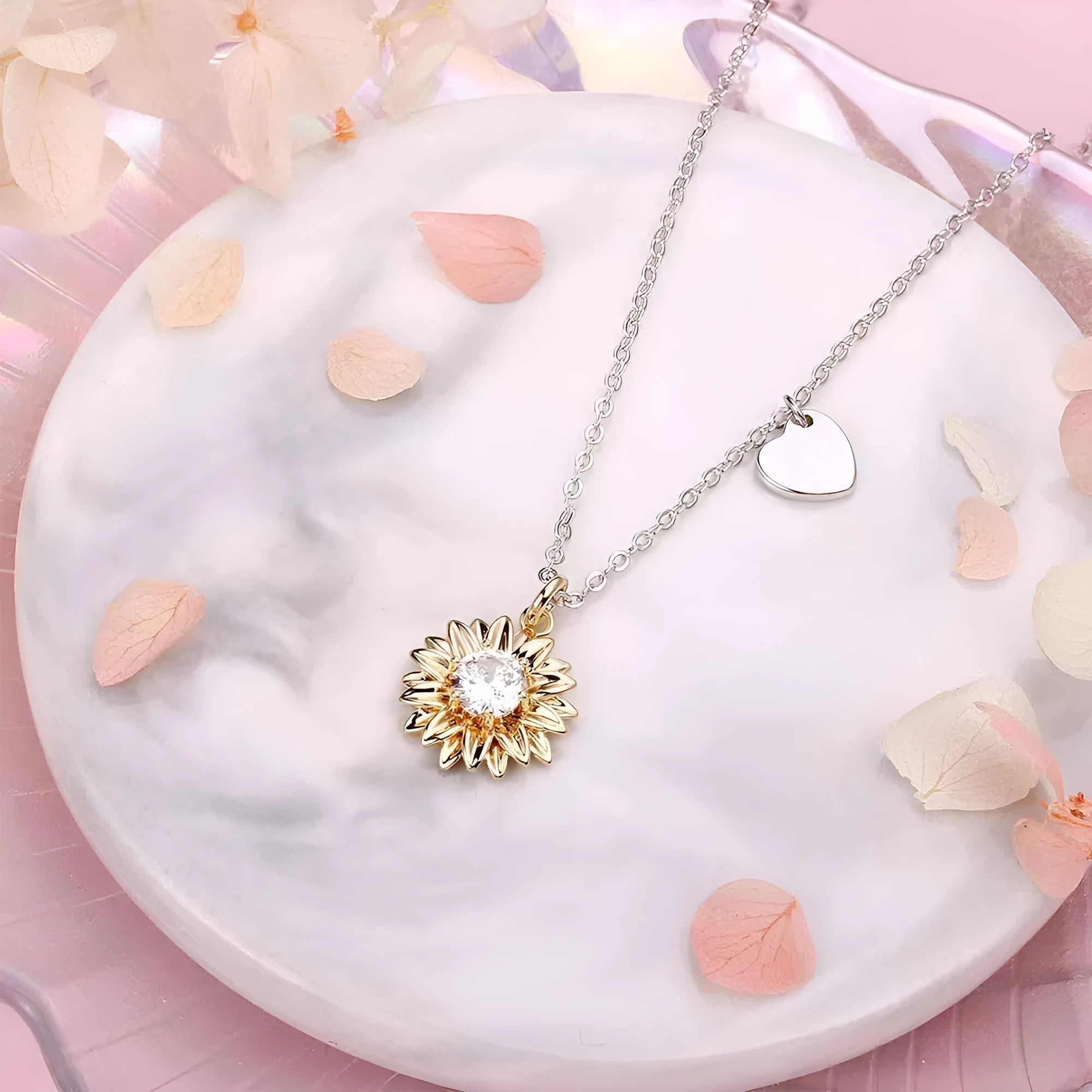 Sunflower and daisy pendant necklace for women in 925 sterling silver on a cross chain.