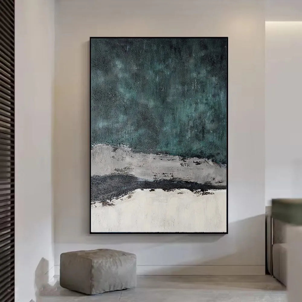 Large abstract handmade painting retro green texture on canvas, hand-painted, vertical orientation, no frame