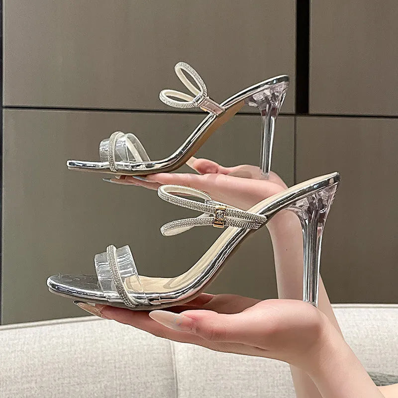Women's black stiletto heel slippers with rhinestone upper, round toe, PU lining, and rubber sole, size 35-43