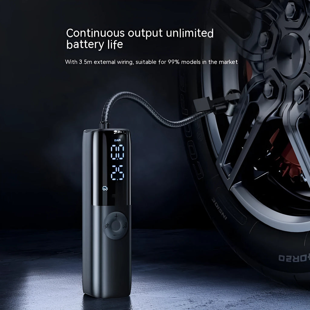 Black portable electric car air pump with tyre pressure gauge and plug