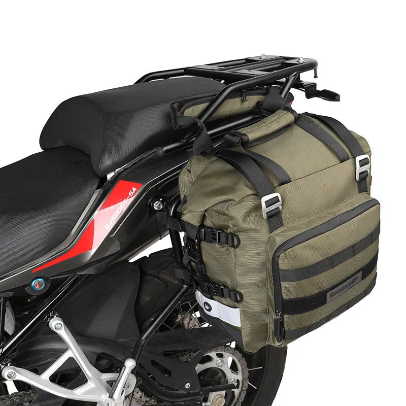 Motorcycle side bag with quick-release buckles shown in black and army green colours