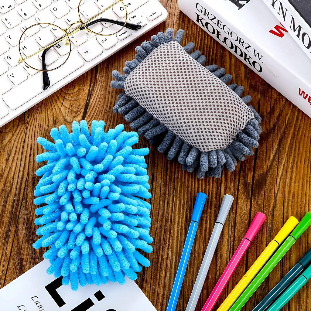 Chenille strong magnetic blackboard eraser in blue measuring 12x8x4 cm on whiteboard surface