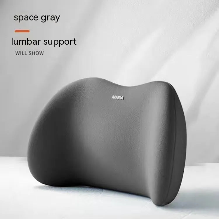 Black memory foam car headrest pillow and matching lumbar support pillow with a milk silk cover.