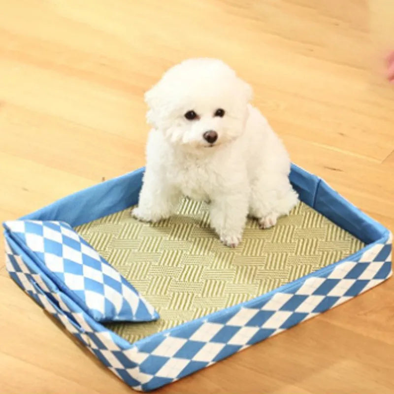 Blue woven rattan cat mat with raised edges, shown beside a cat litter tray.