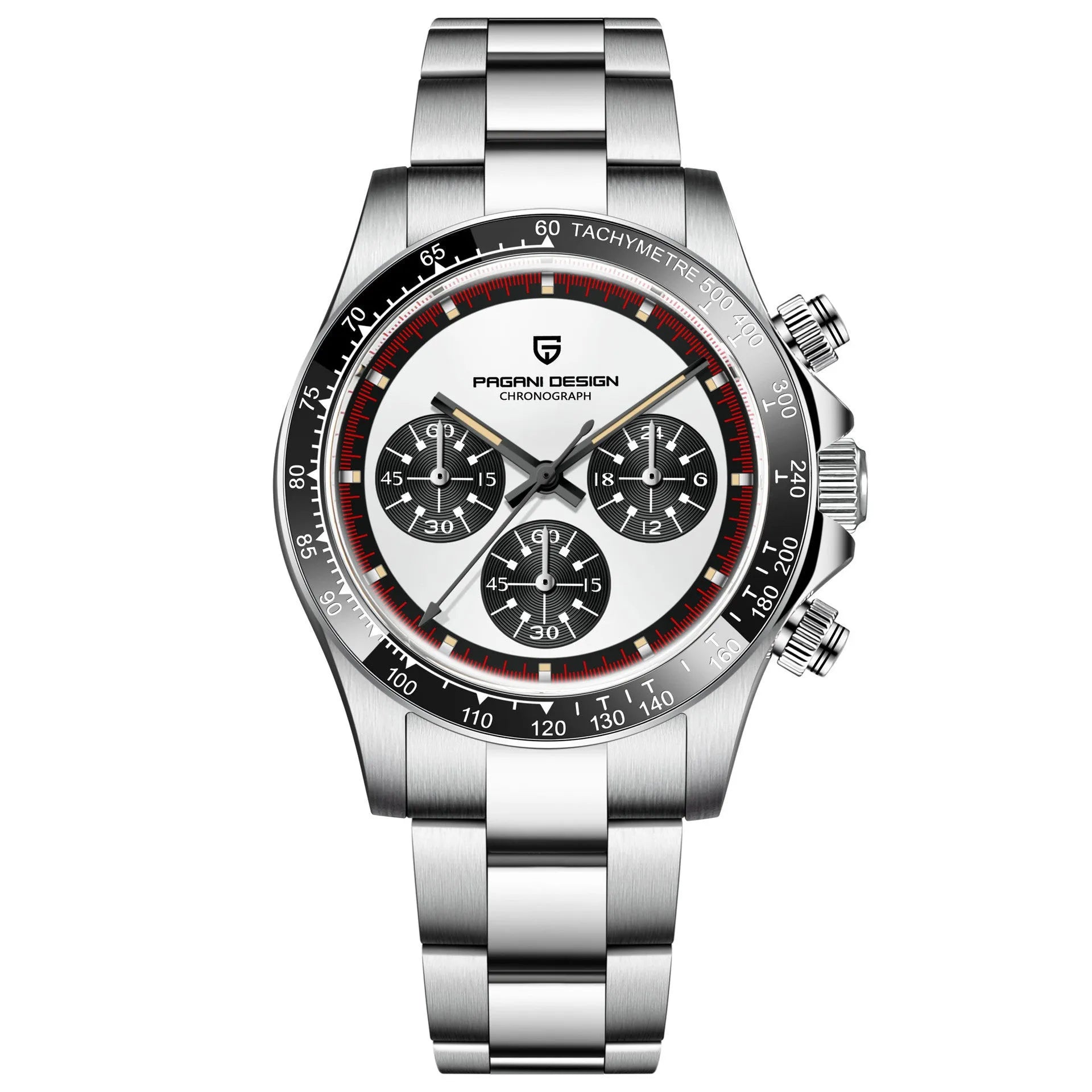 Men's quartz chronograph watch with stainless steel bracelet and 40mm black dial