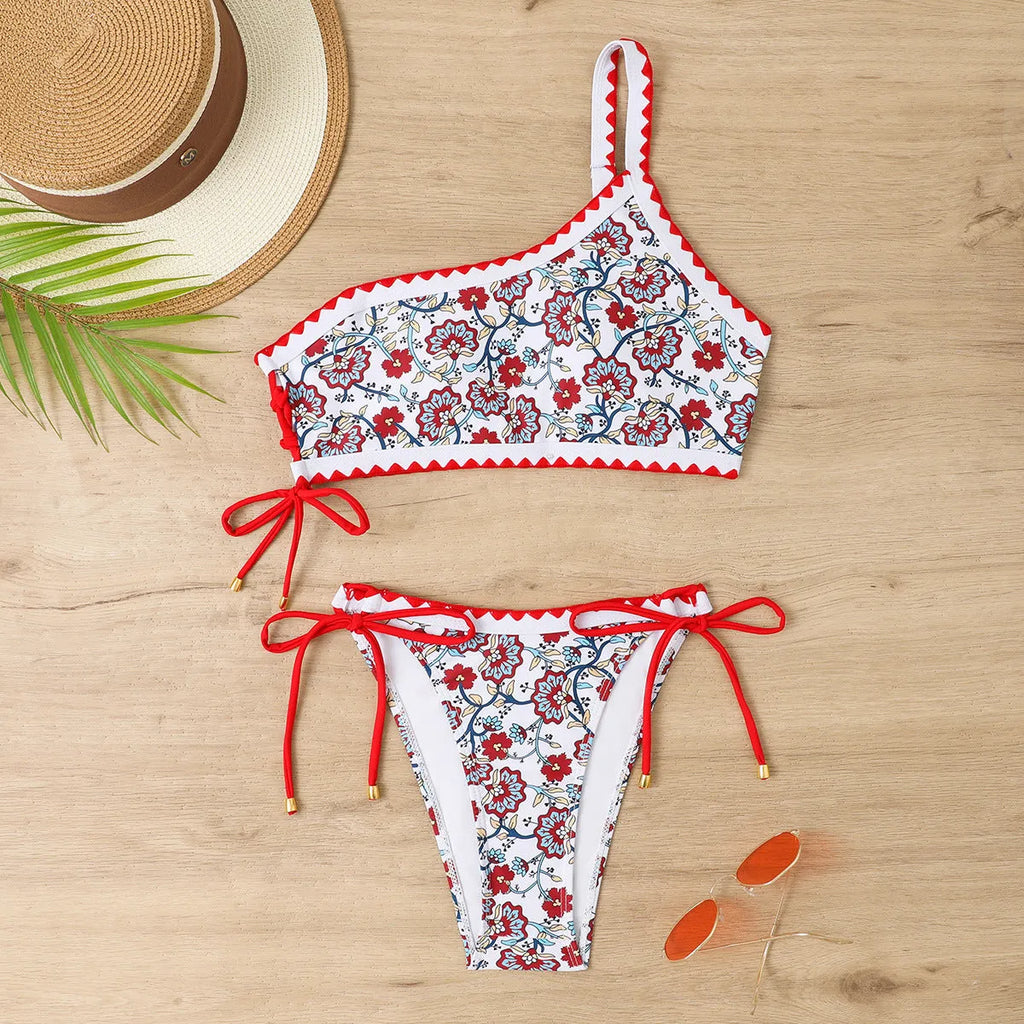 Women's blue floral one-shoulder bikini set with briefs bottoms