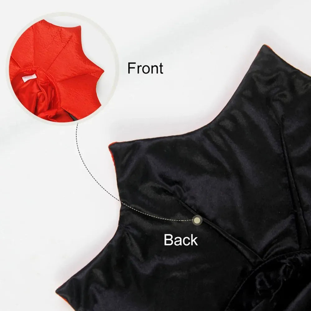 Small black pet vampire cloak costume for dog or cat on hanger with S M L size tags.