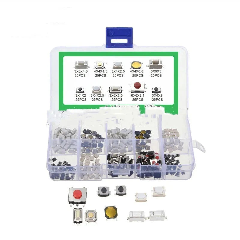 250 piece set of SMT surface mount car patch button touch switches in box packaging