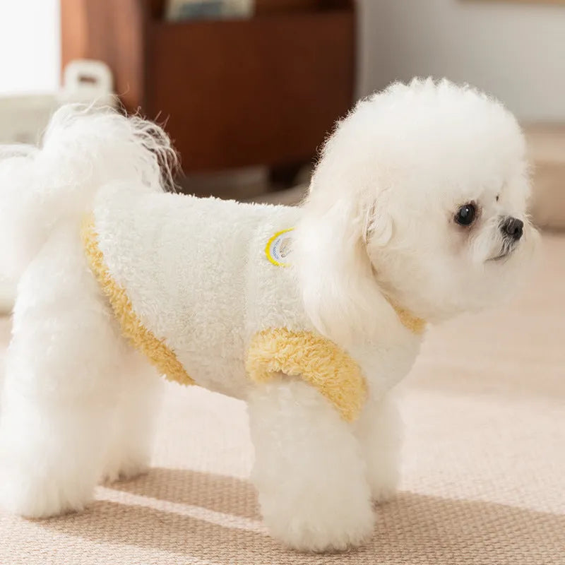 Yellow two-legged fleece pet coat with koala patch for small dogs and cats, sizes XS to XXL.