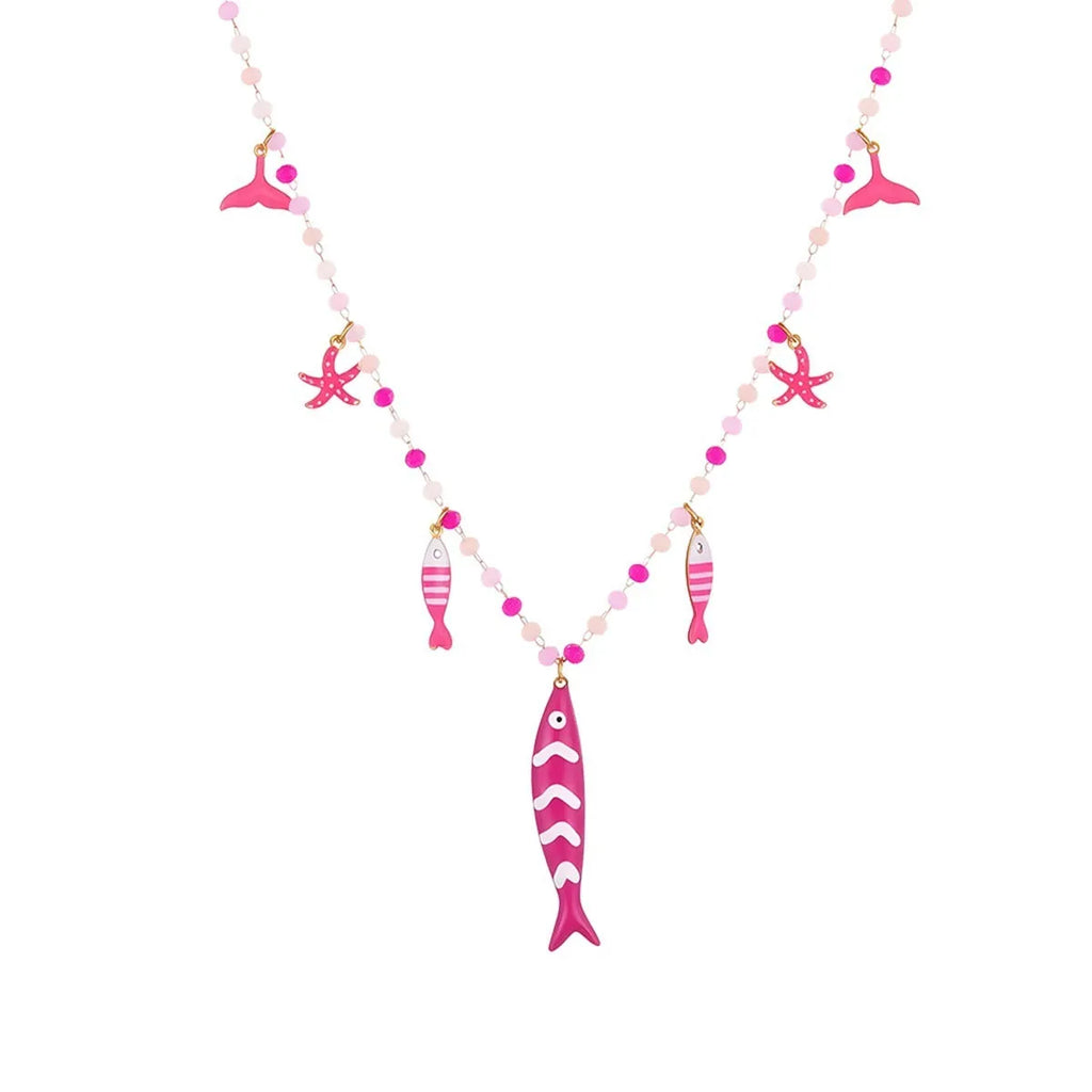 Vacation style beaded oil dripping fish stainless steel necklace with 18K electroplating, pink colour, adjustable chain