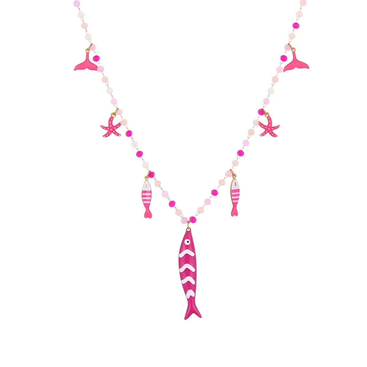Vacation style beaded oil dripping fish stainless steel necklace with 18K electroplating, pink colour, adjustable chain