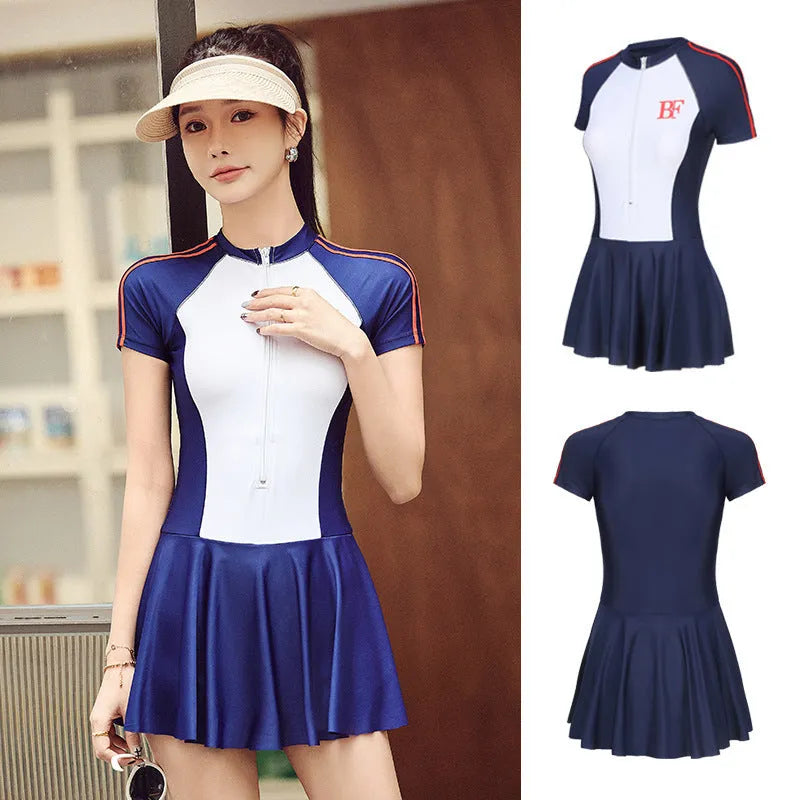 Conservative style one-piece swimsuit for sports in colour-matched pattern with high elasticity polyester construction