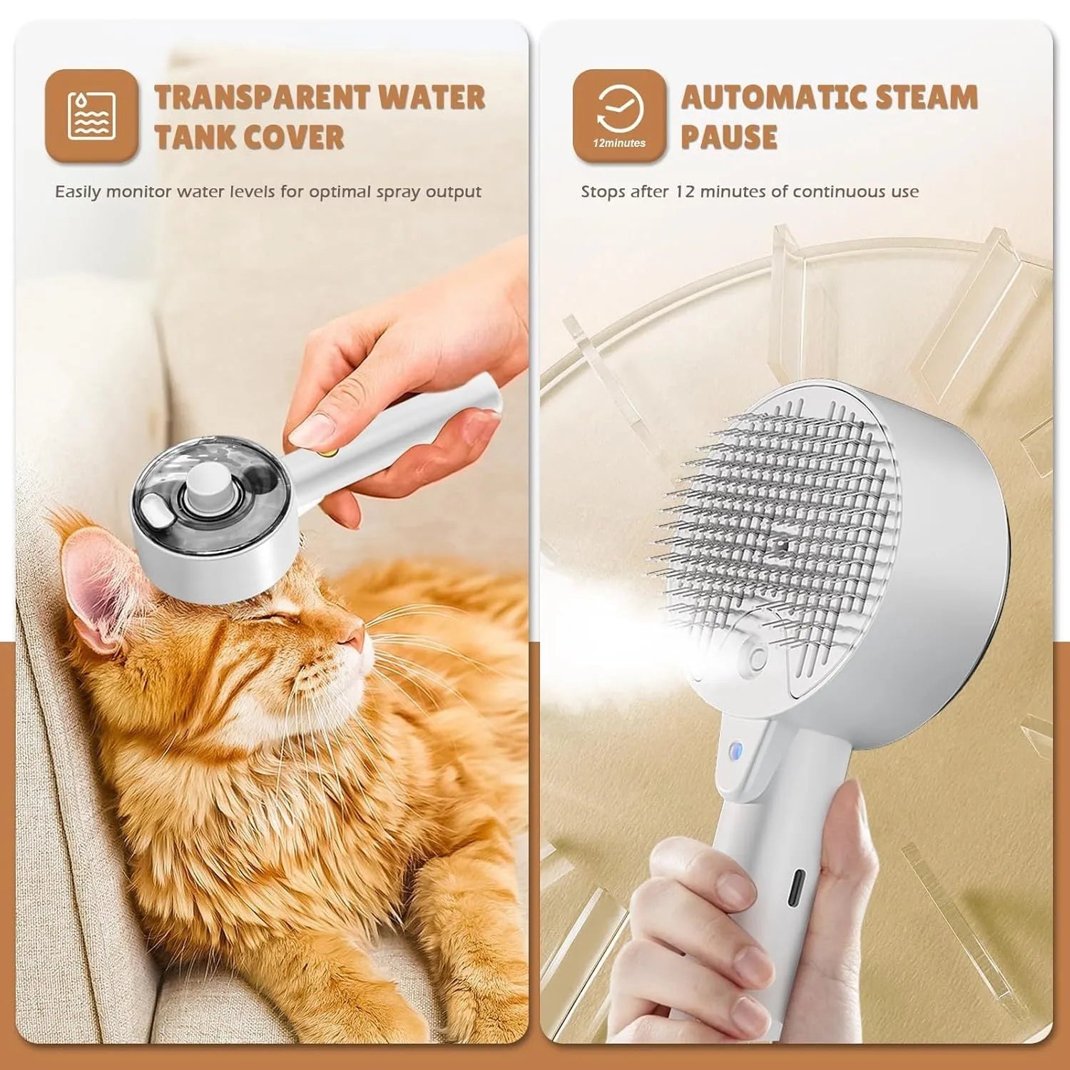 Pink and white cat steam brush with water tank, stainless steel comb, and control buttons for mist and cleaning.