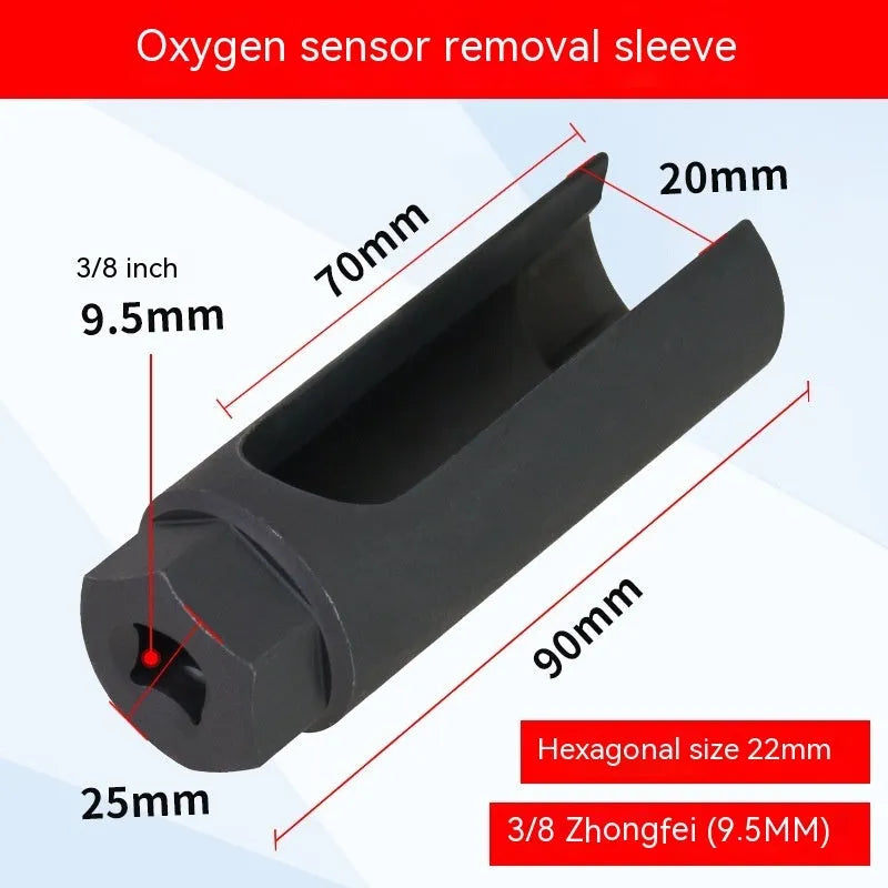 Black chromium vanadium steel oxygen sensor sleeve tool for 22mm nuts.