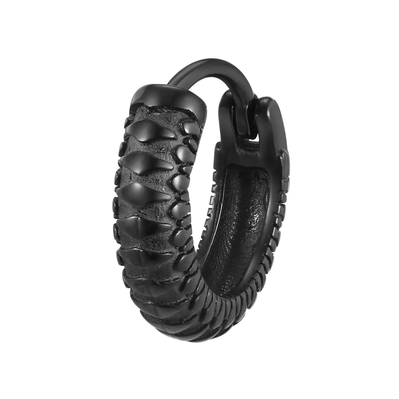 A pair of men's stainless steel earrings featuring a black snake pattern design, shown front-on.