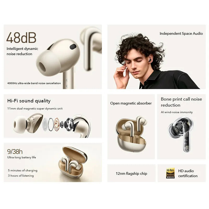 Black and gold true wireless Bluetooth earbuds with charging case, featuring active noise reduction technology.