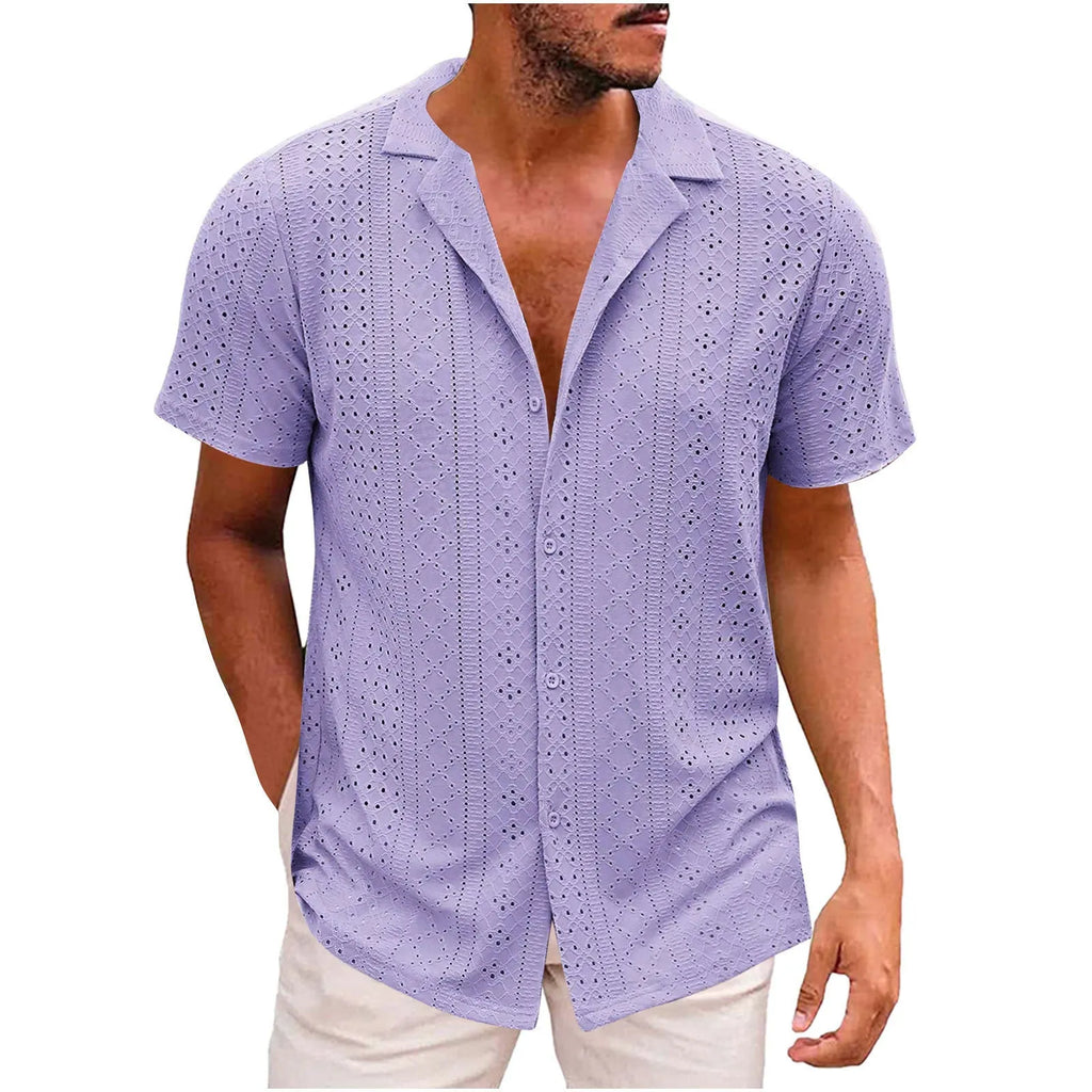 Breathable lightweight lapel men's casual shirt in cardigan style, regular fit, polyester fibre fabric, available in multiple colours
