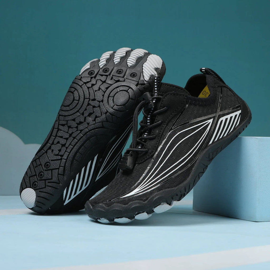 Children's quick-drying wading shoes with non-slip rubber soles in black, grey, pink, and blue colour options