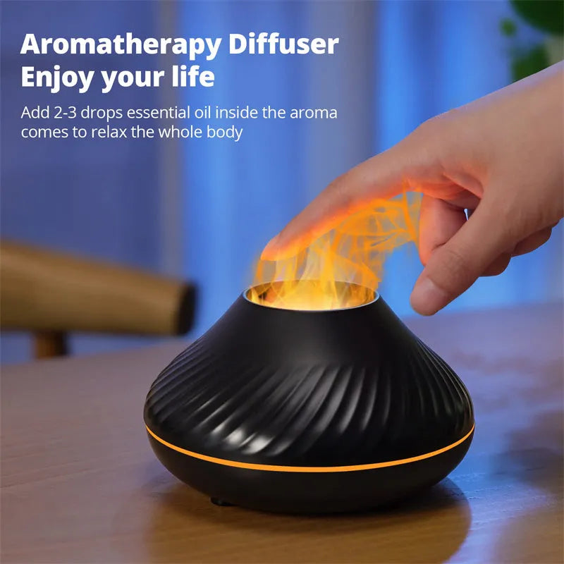 Volcanic flame aroma diffuser with LED lights and mist output