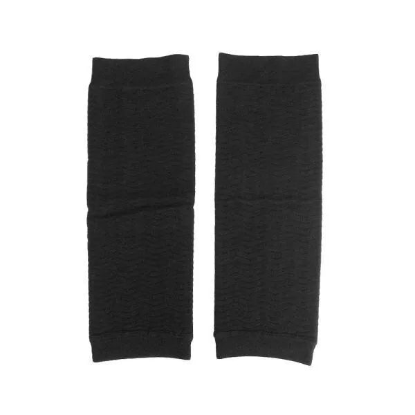 Pair of nylon leg shaping belt compression sleeves in black and skin colour, middle calf length, free size