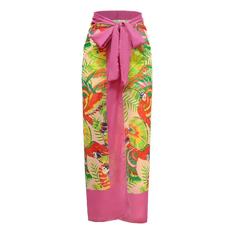 Retro floral print one-piece swimsuit with V-neck, covered belly, and attached thin skirt in pink