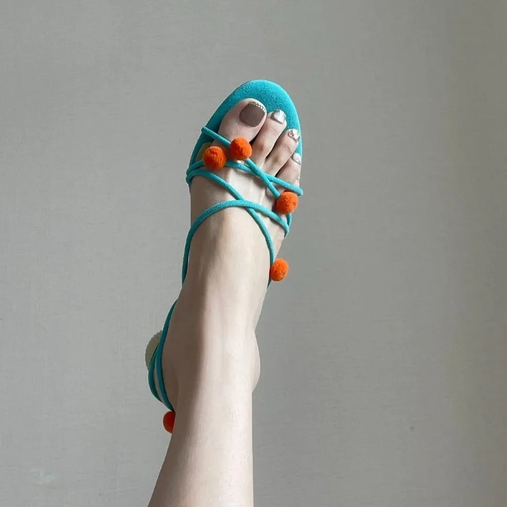 Cyan genuine leather French lace-up high-heeled sandals with thin straps and open toe