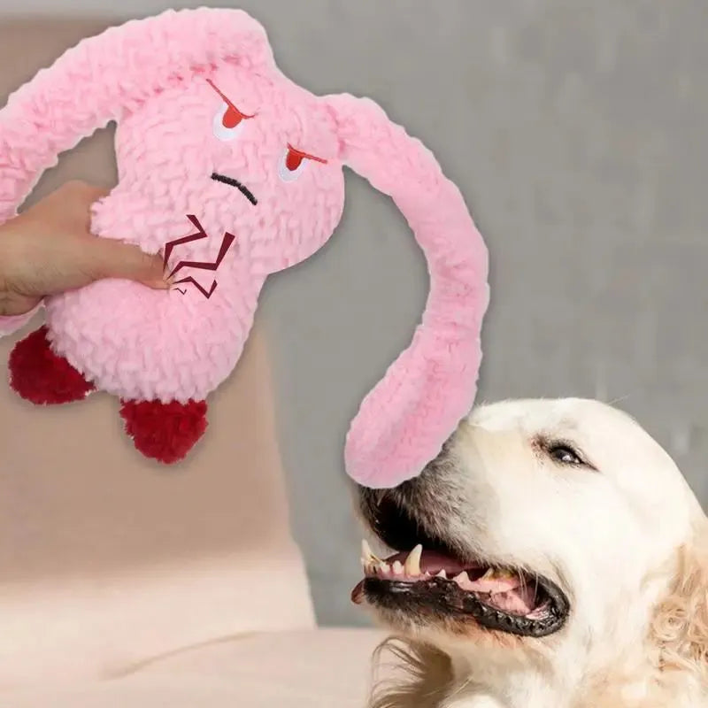 Bunny-shaped dog teething toy in blue, plush fabric with PP cotton filling, about 35 cm long