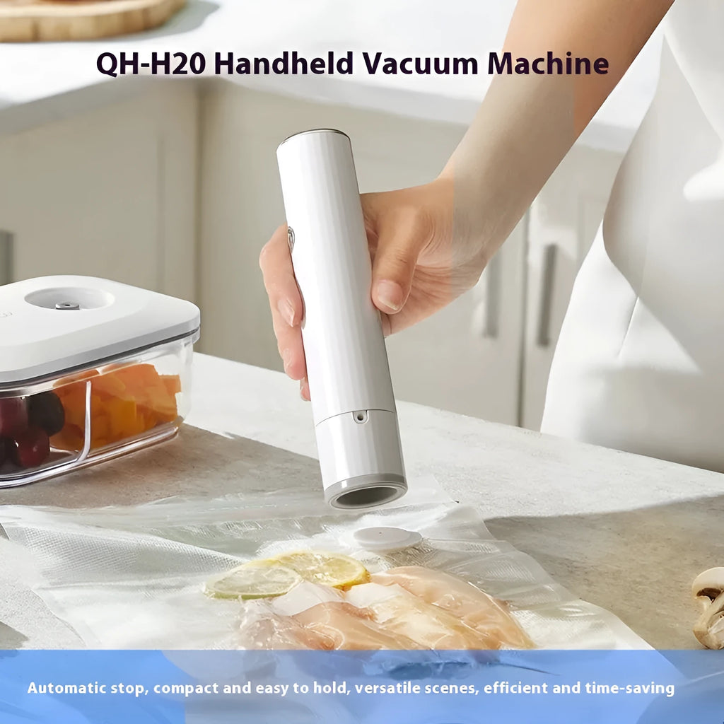 White smart rechargeable handheld vacuum food preservation machine with five vacuum bags on kitchen counter