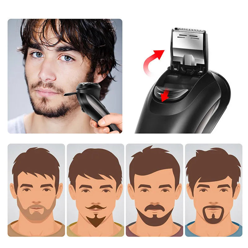 Men's electric shaver with three floating heads and pop-up sideburn trimmer on black background