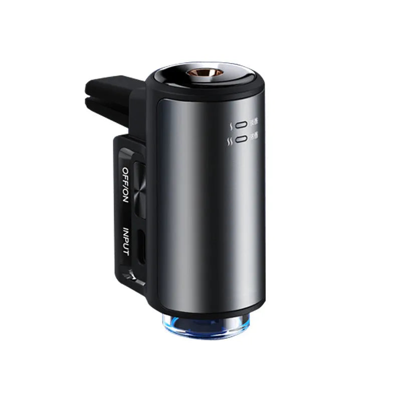 Obsidian Black smart car air vent clip diffuser with essential oil bottle.
