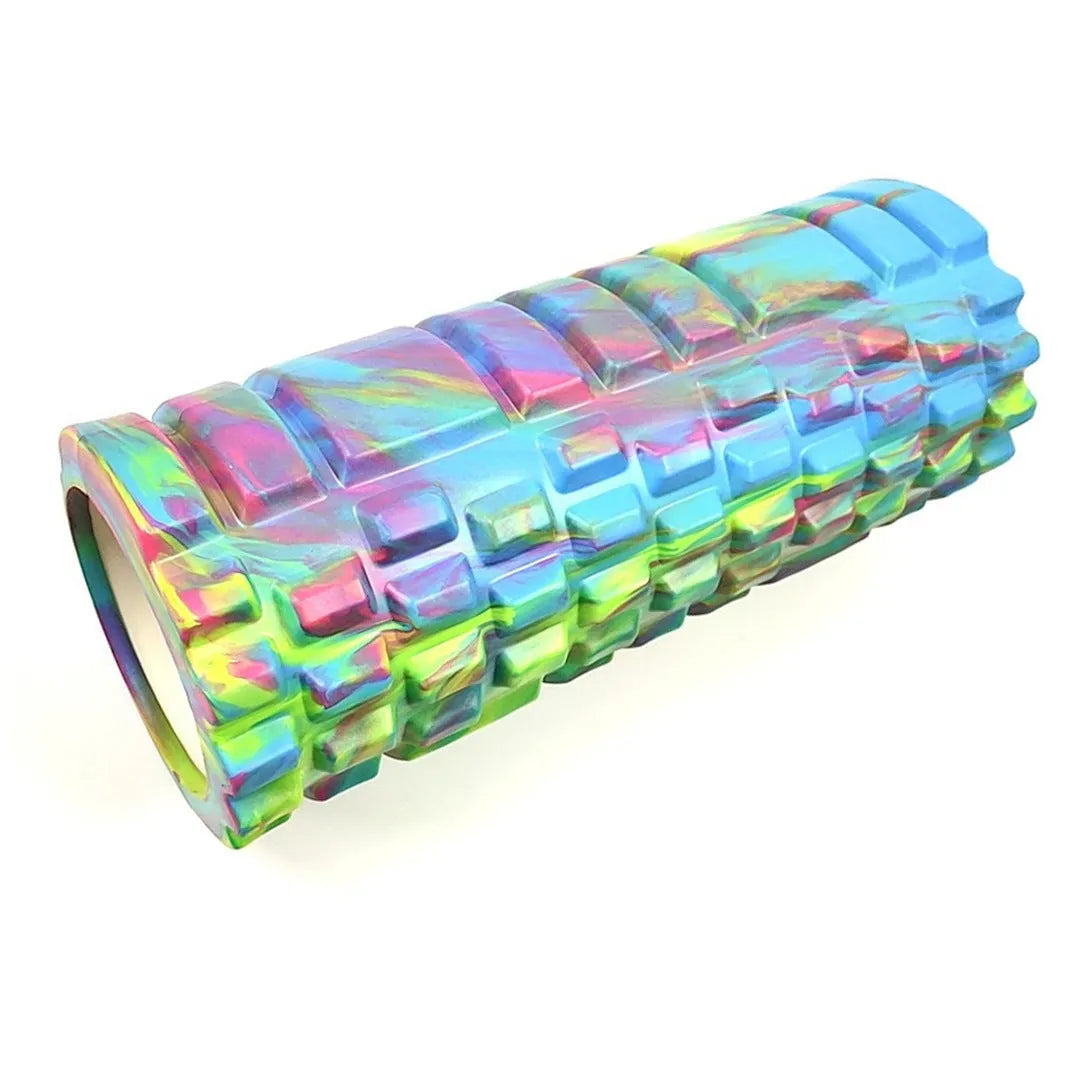 33cm camouflage pattern EVA foam roller in blue green yellow colour on a fitness mat.