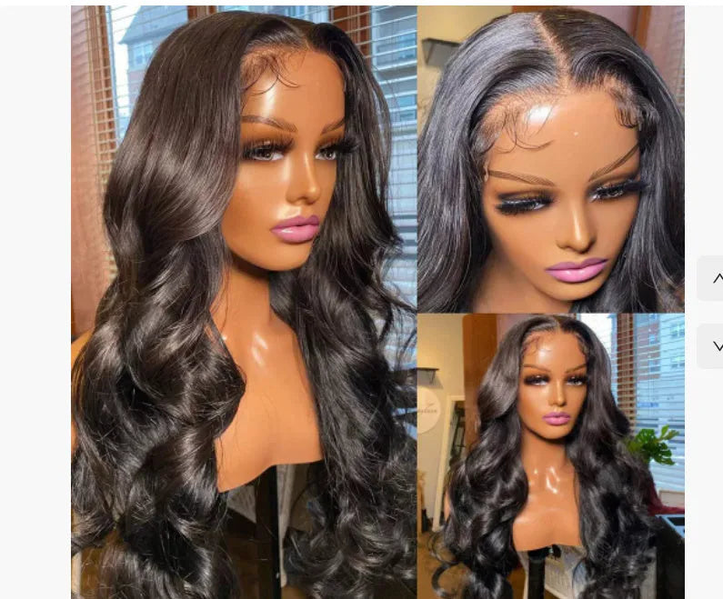 Black synthetic full-head wig with medium-large waves, shown at 22 inches length on a mannequin head.