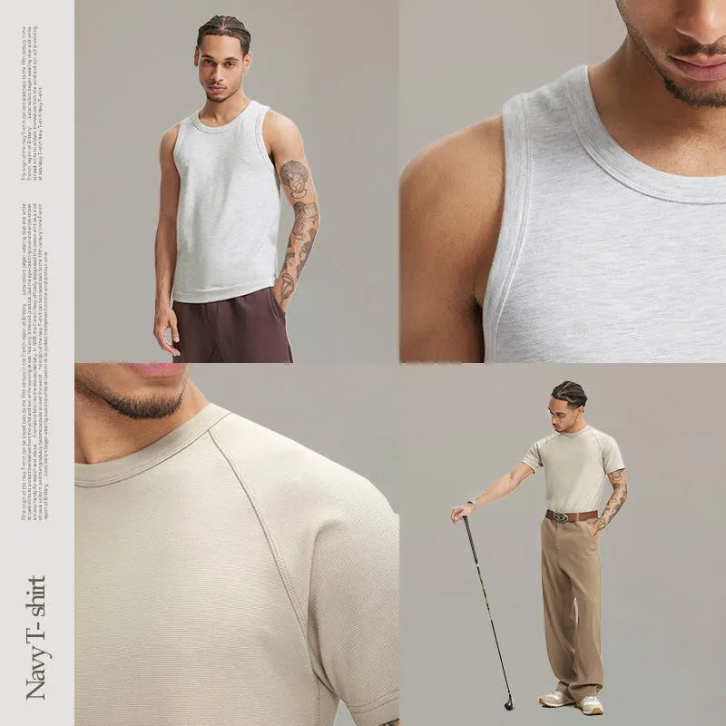 Slim fit stretch heavy t-shirt vest in active black colour on a model