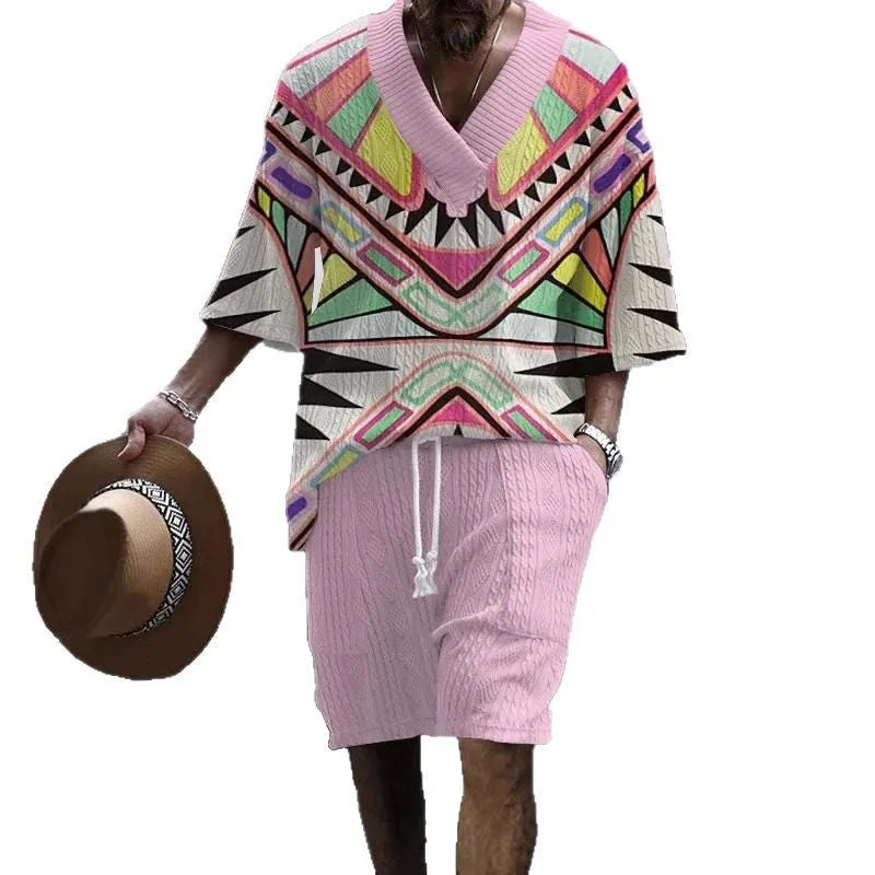 Man wearing a loose-fitting light blue short sleeve top and matching casual shorts from a two-piece suit set.