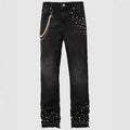 Men's straight-leg cotton denim trousers with elastic diamond stitching, zip fly, light blue or black, sizes S-XL