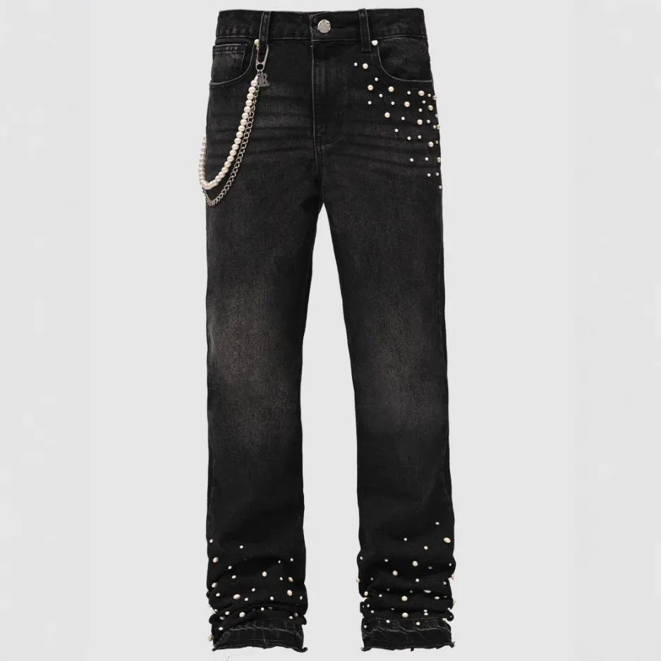 Men's straight-leg cotton denim trousers with elastic diamond stitching, zip fly, light blue or black, sizes S-XL