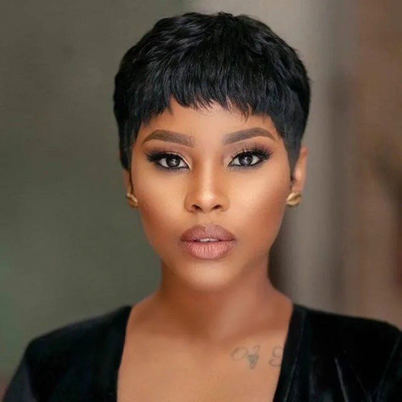Short hair wig in black, light brown, or dark brown, made from high-temperature fibre, hot dyeable, mechanism style.
