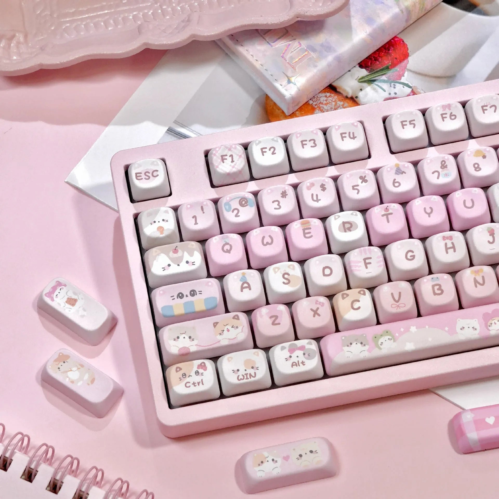 MOA height five-sided sublimation key caps with pink cartoon design for mechanical keyboards