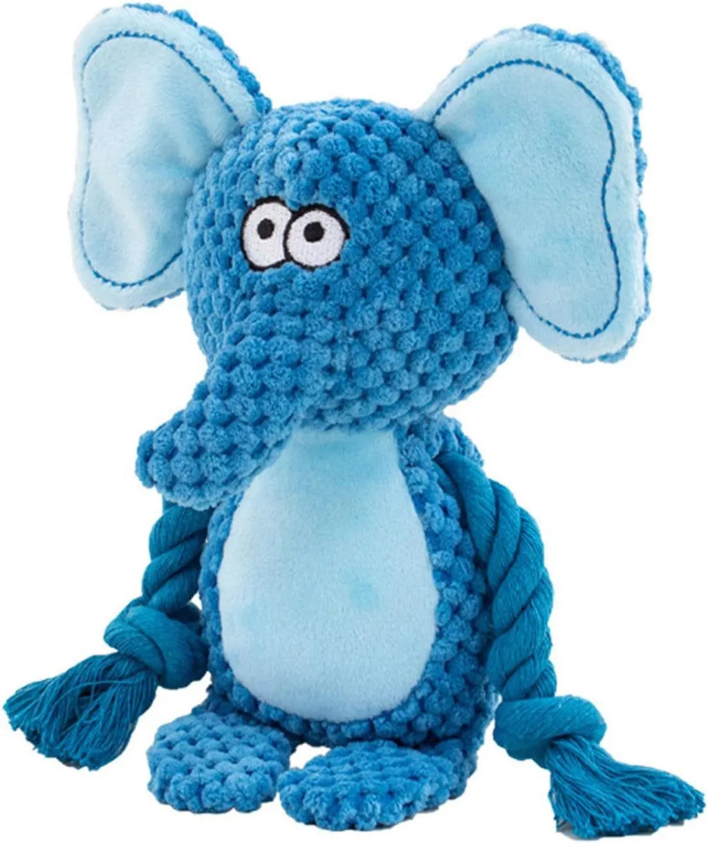 Plush animal dog toy with cotton rope, shown in elephant, fox, monkey, pig, and rabbit designs.