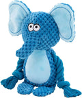 Plush animal dog toy with cotton rope, shown in elephant, fox, monkey, pig, and rabbit designs.