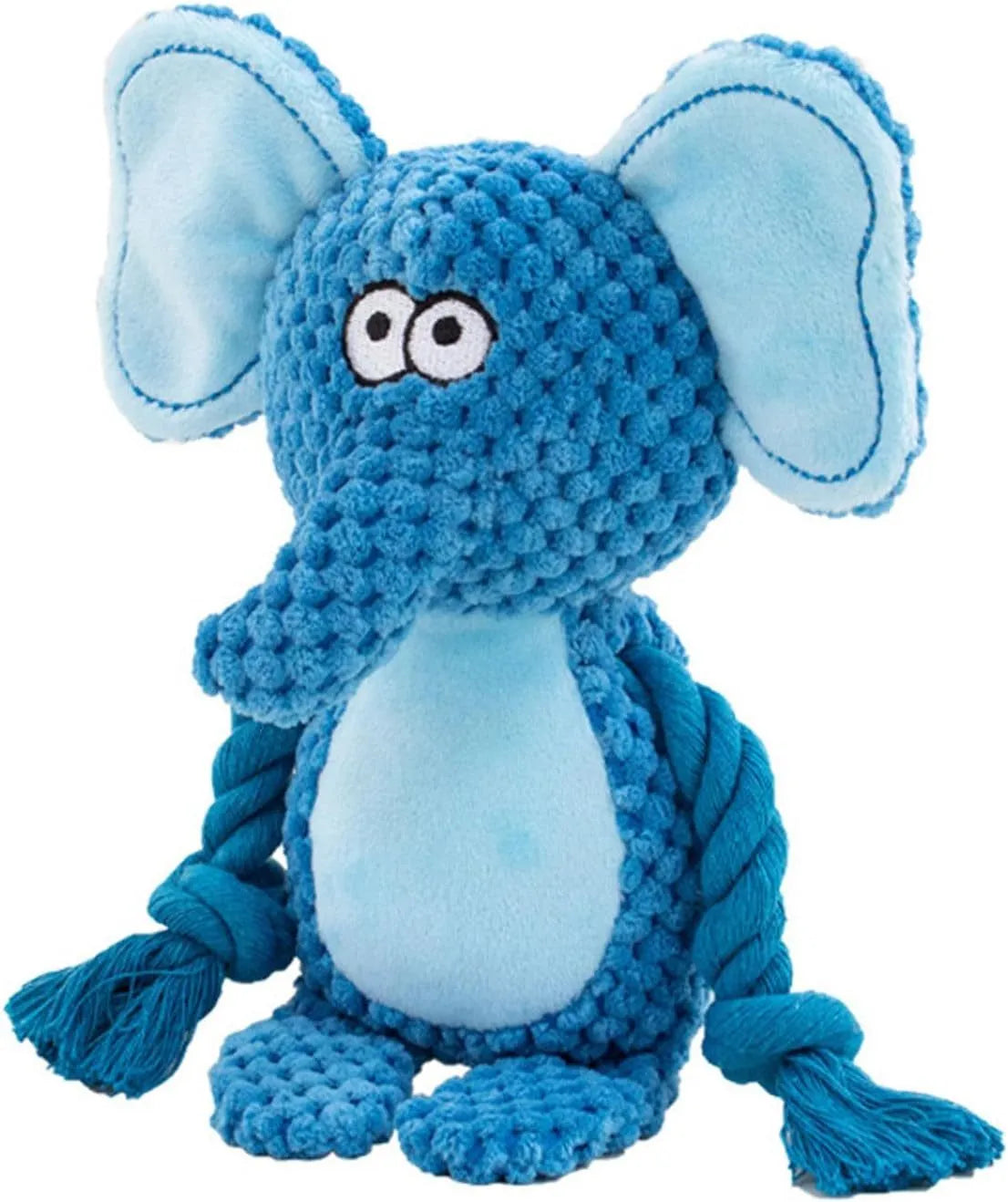 Plush animal dog toy with cotton rope, shown in elephant, fox, monkey, pig, and rabbit designs.